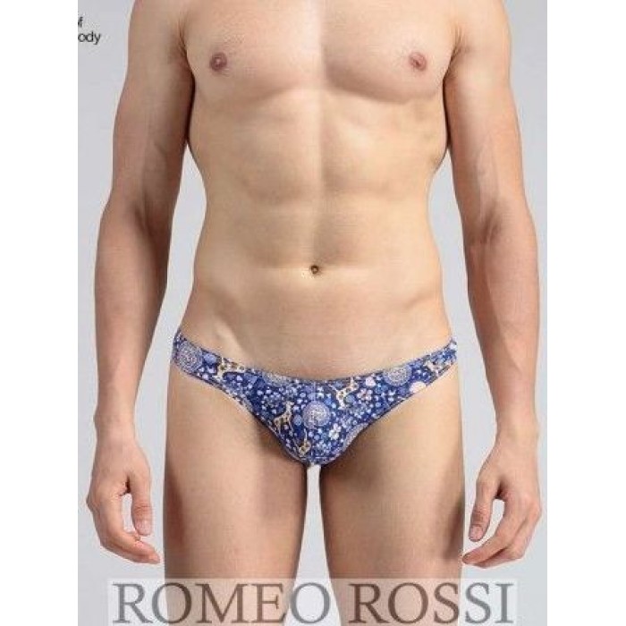 Мужские трусы стринги синие с принтом Romeo Rossi RR1012-9